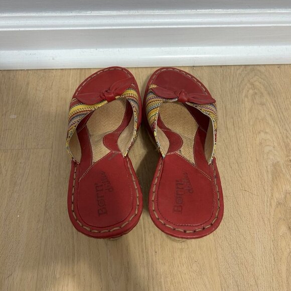 BORN Drilles Red Striped Espadrilles Wedge Mule Open Toe Bow Sandals Size 7 - Picture 5 of 8